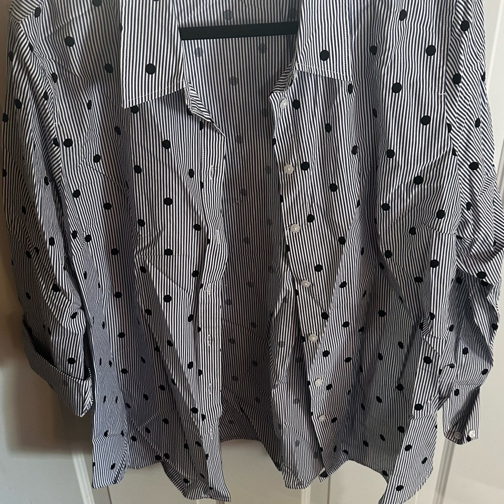 NWOT- Talbots Navy and White Striped Blouse with Polka Dots